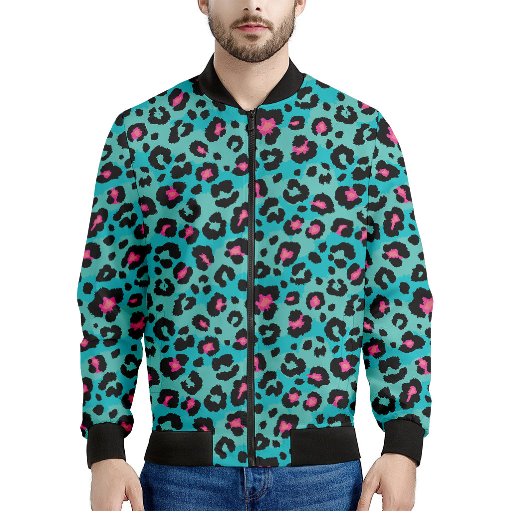 Turquoise And Pink Leopard Print Men's Bomber Jacket