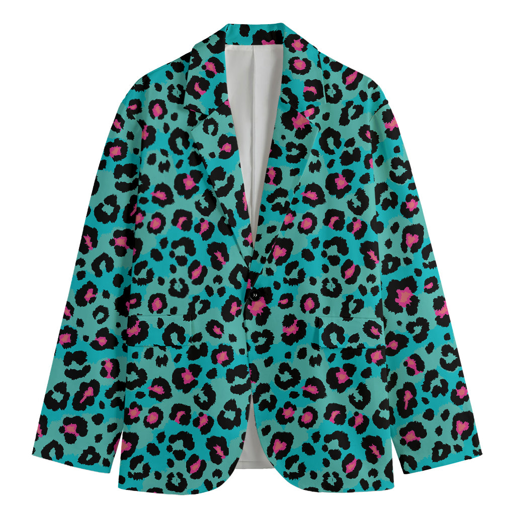 Turquoise And Pink Leopard Print Men's Cotton Blazer