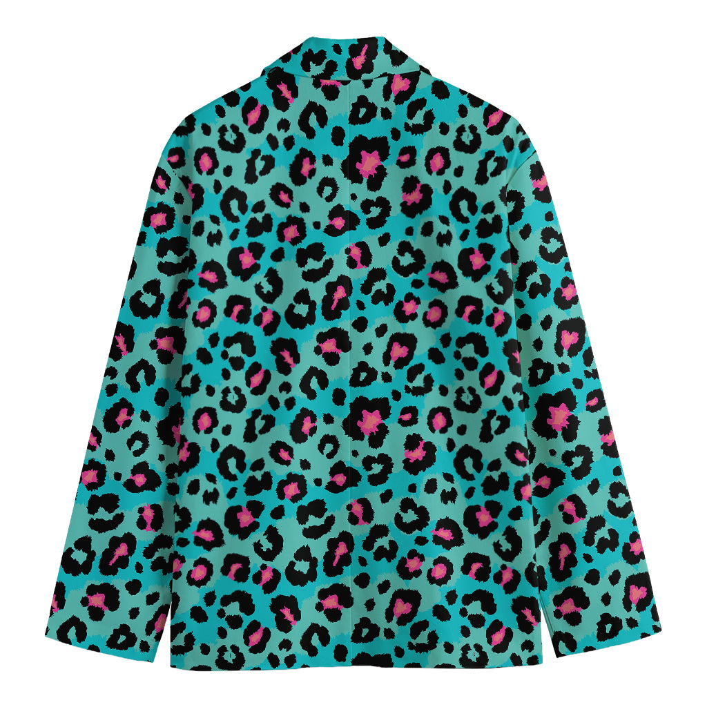 Turquoise And Pink Leopard Print Men's Cotton Blazer