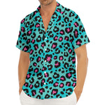 Turquoise And Pink Leopard Print Men's Deep V-Neck Shirt