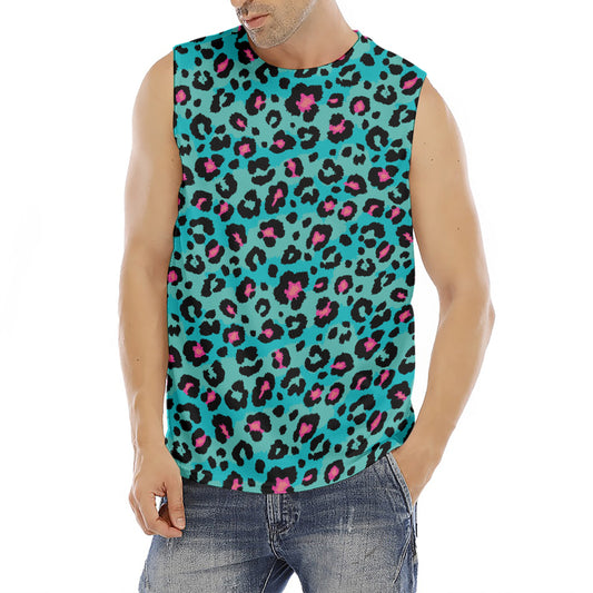 Turquoise And Pink Leopard Print Men's Fitness Tank Top