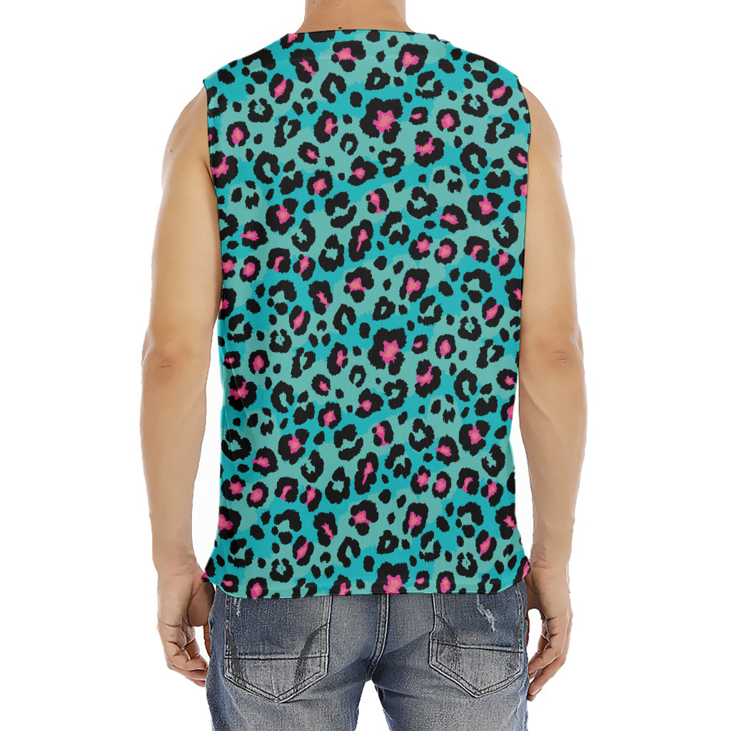 Turquoise And Pink Leopard Print Men's Fitness Tank Top