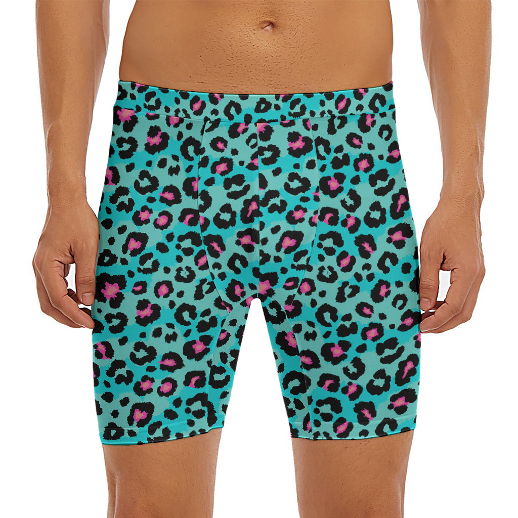 Turquoise And Pink Leopard Print Men's Long Boxer Briefs