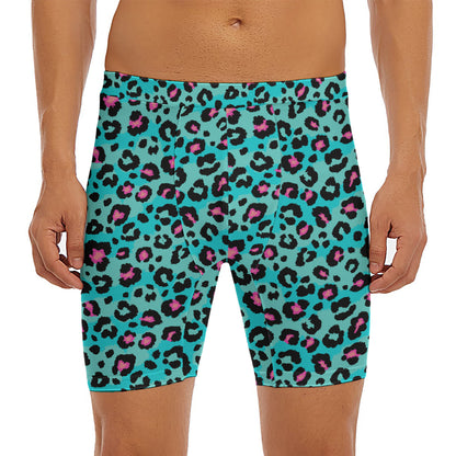 Turquoise And Pink Leopard Print Men's Long Boxer Briefs