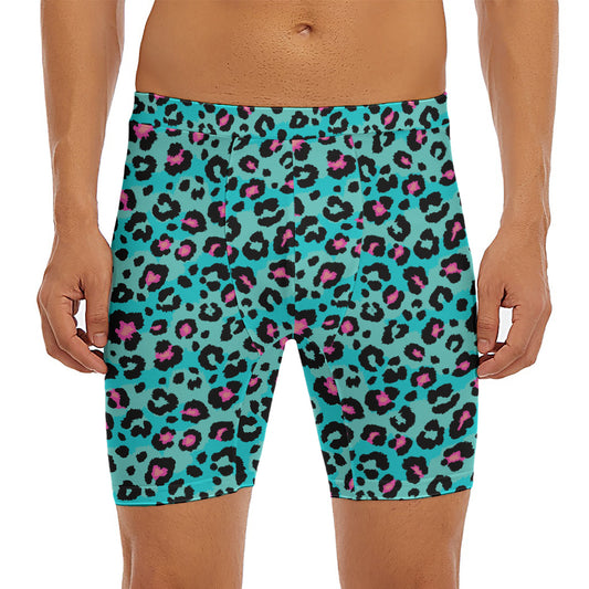 Turquoise And Pink Leopard Print Men's Long Boxer Briefs