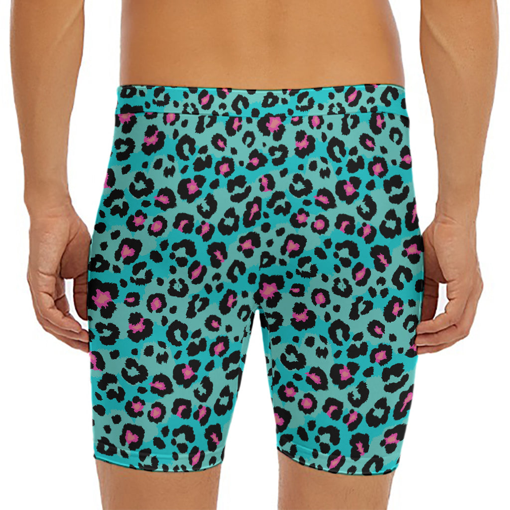 Turquoise And Pink Leopard Print Men's Long Boxer Briefs