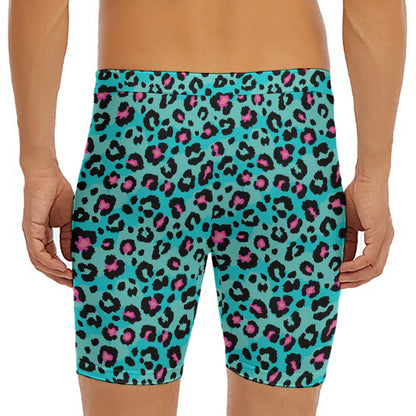 Turquoise And Pink Leopard Print Men's Long Boxer Briefs