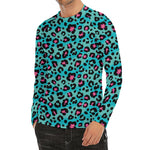 Turquoise And Pink Leopard Print Men's Long Sleeve Rash Guard