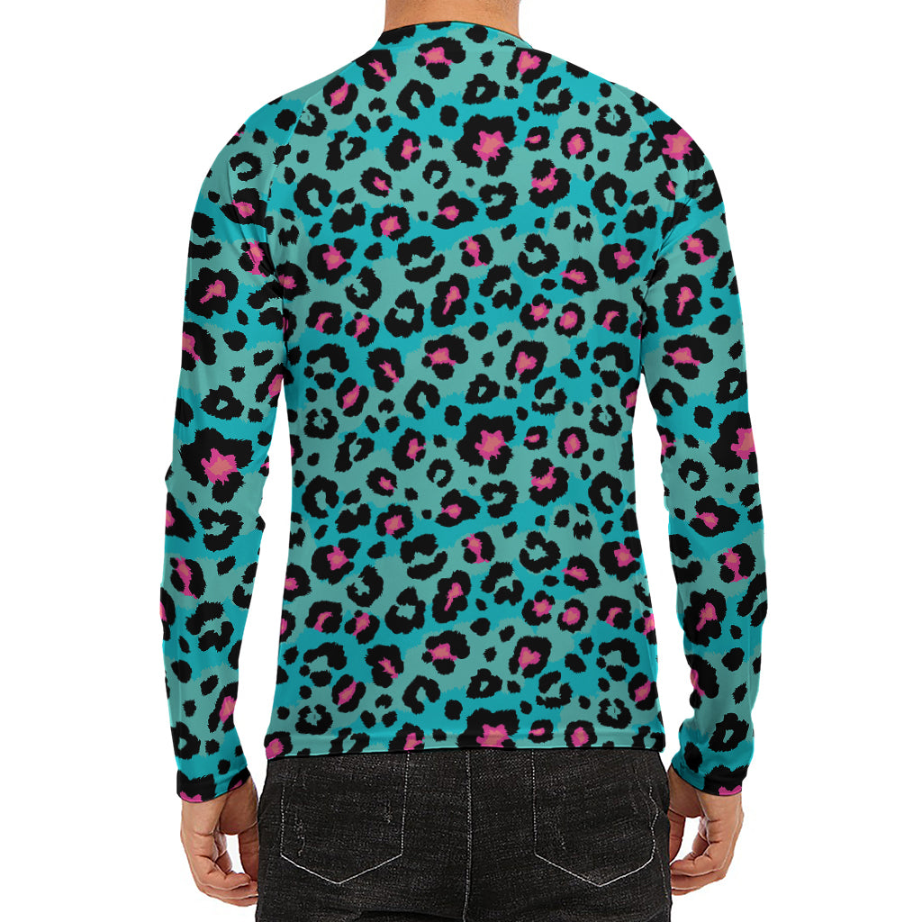 Turquoise And Pink Leopard Print Men's Long Sleeve Rash Guard