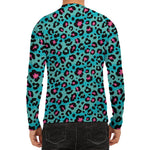 Turquoise And Pink Leopard Print Men's Long Sleeve Rash Guard