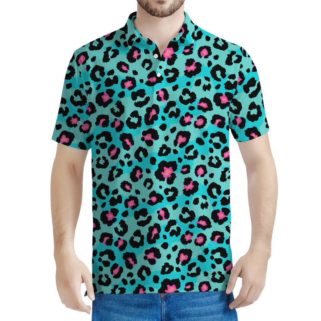 Turquoise And Pink Leopard Print Men's Polo Shirt