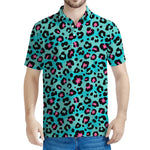 Turquoise And Pink Leopard Print Men's Polo Shirt