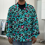 Turquoise And Pink Leopard Print Men's Shirt Jacket