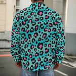 Turquoise And Pink Leopard Print Men's Shirt Jacket