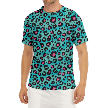Turquoise And Pink Leopard Print Men's Short Sleeve Rash Guard