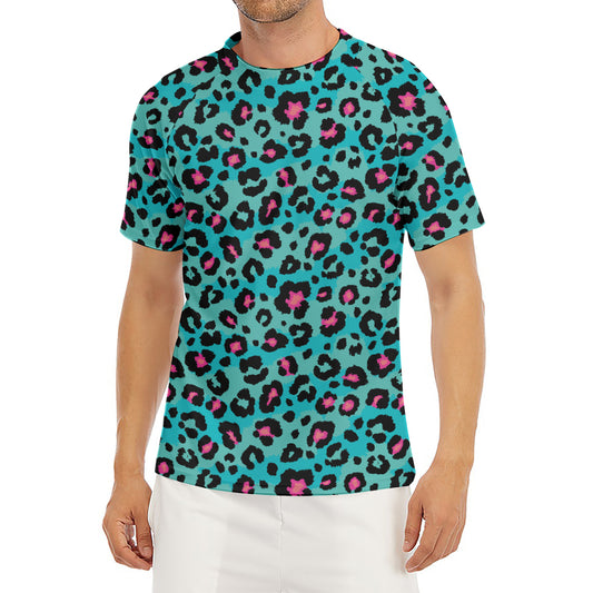 Turquoise And Pink Leopard Print Men's Short Sleeve Rash Guard