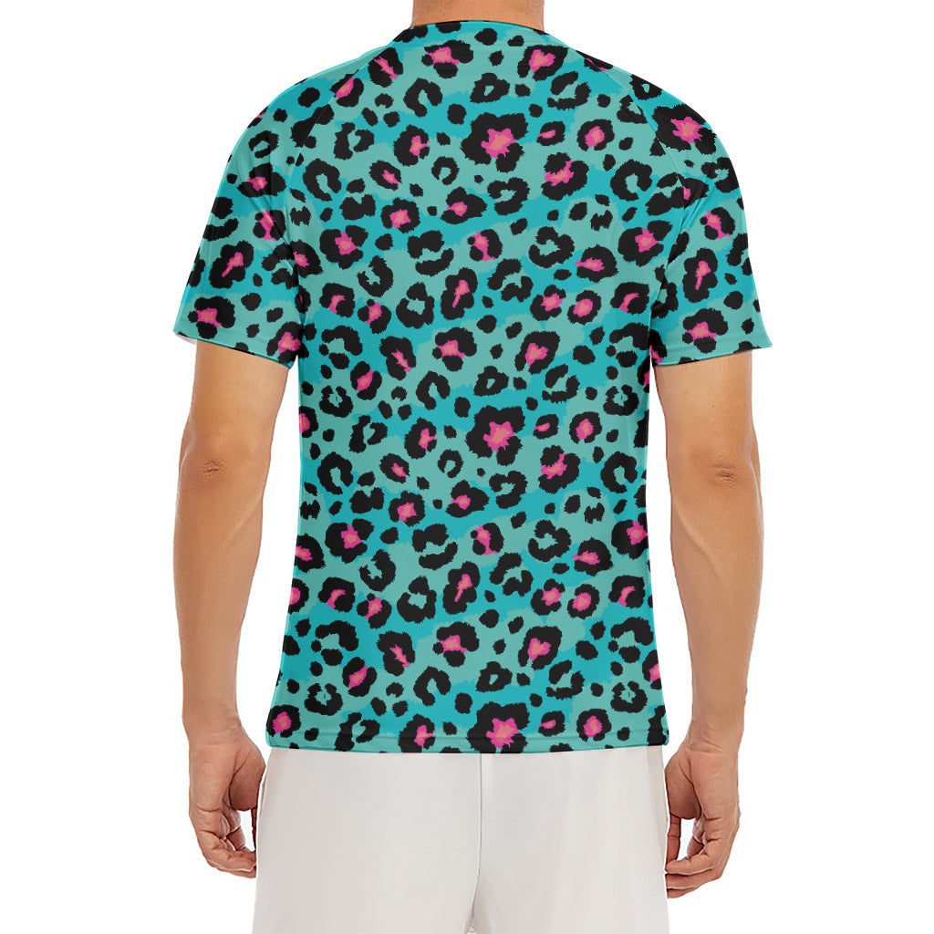 Turquoise And Pink Leopard Print Men's Short Sleeve Rash Guard