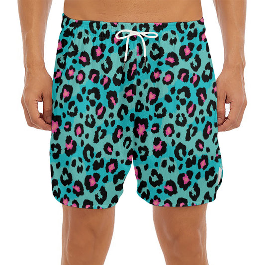 Turquoise And Pink Leopard Print Men's Split Running Shorts