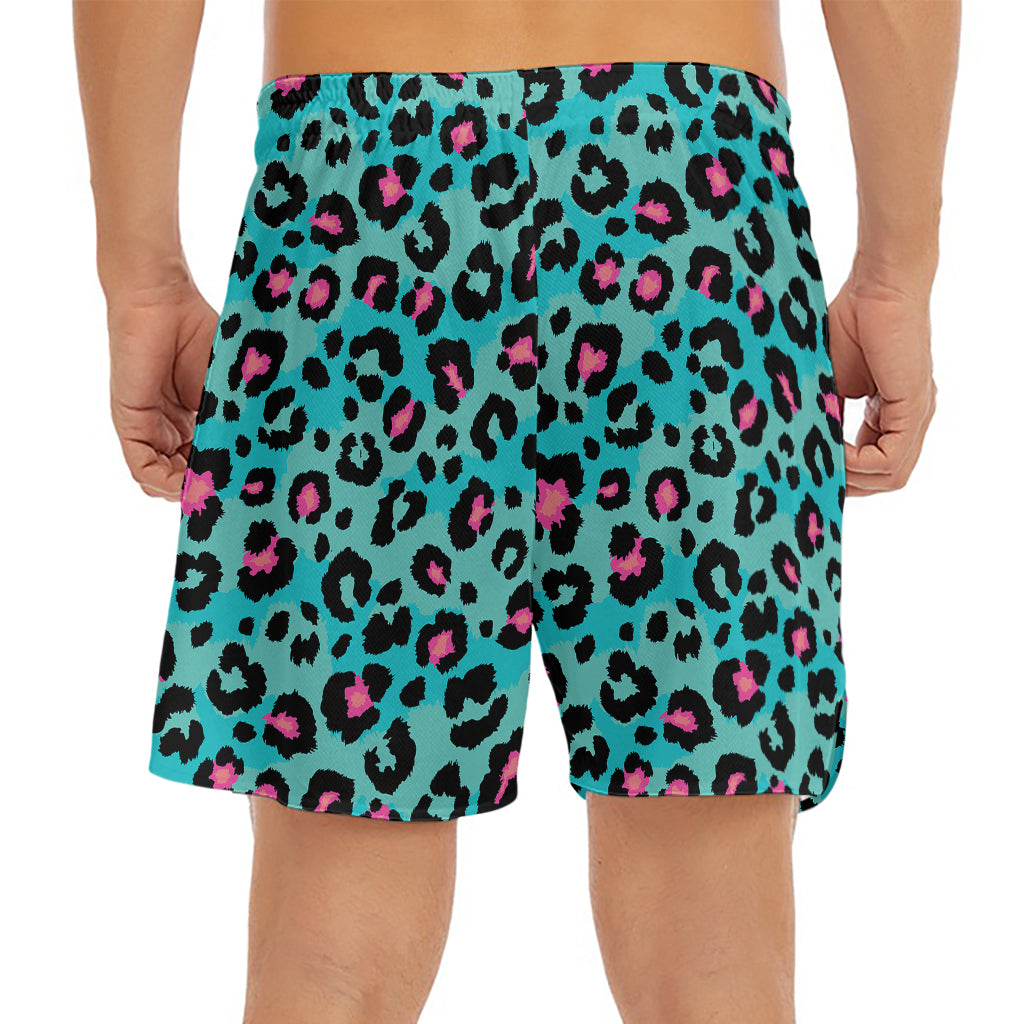 Turquoise And Pink Leopard Print Men's Split Running Shorts