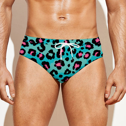 Turquoise And Pink Leopard Print Men's Swim Briefs