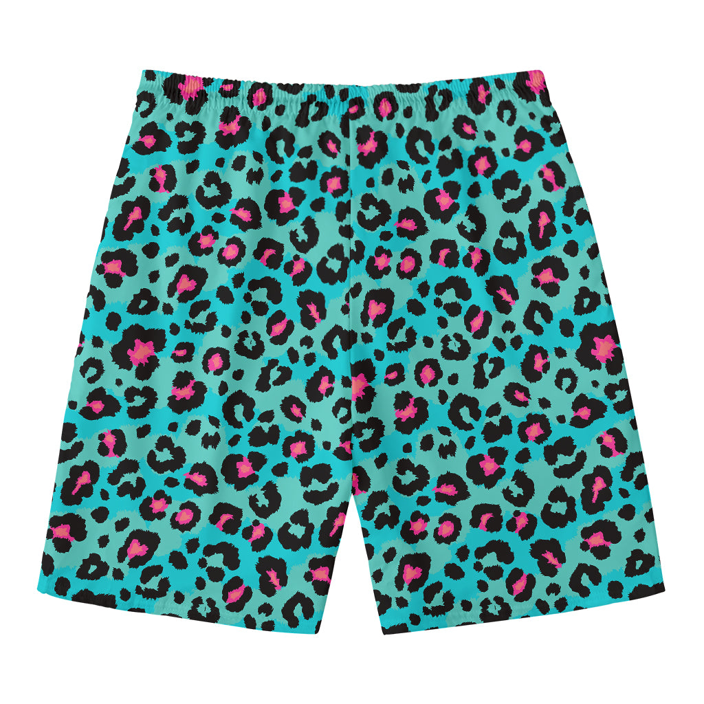 Turquoise And Pink Leopard Print Men's Swim Trunks