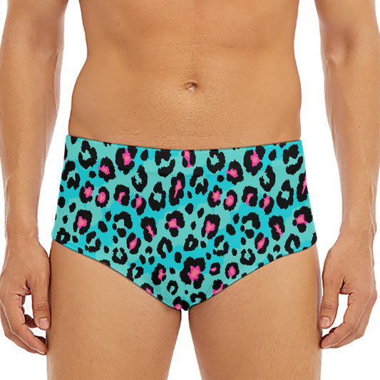 Turquoise And Pink Leopard Print Men's Triangle Swim Briefs