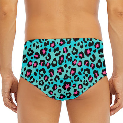 Turquoise And Pink Leopard Print Men's Triangle Swim Briefs