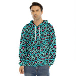 Turquoise And Pink Leopard Print Men's Velvet Pullover Hoodie