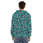 Turquoise And Pink Leopard Print Men's Velvet Pullover Hoodie
