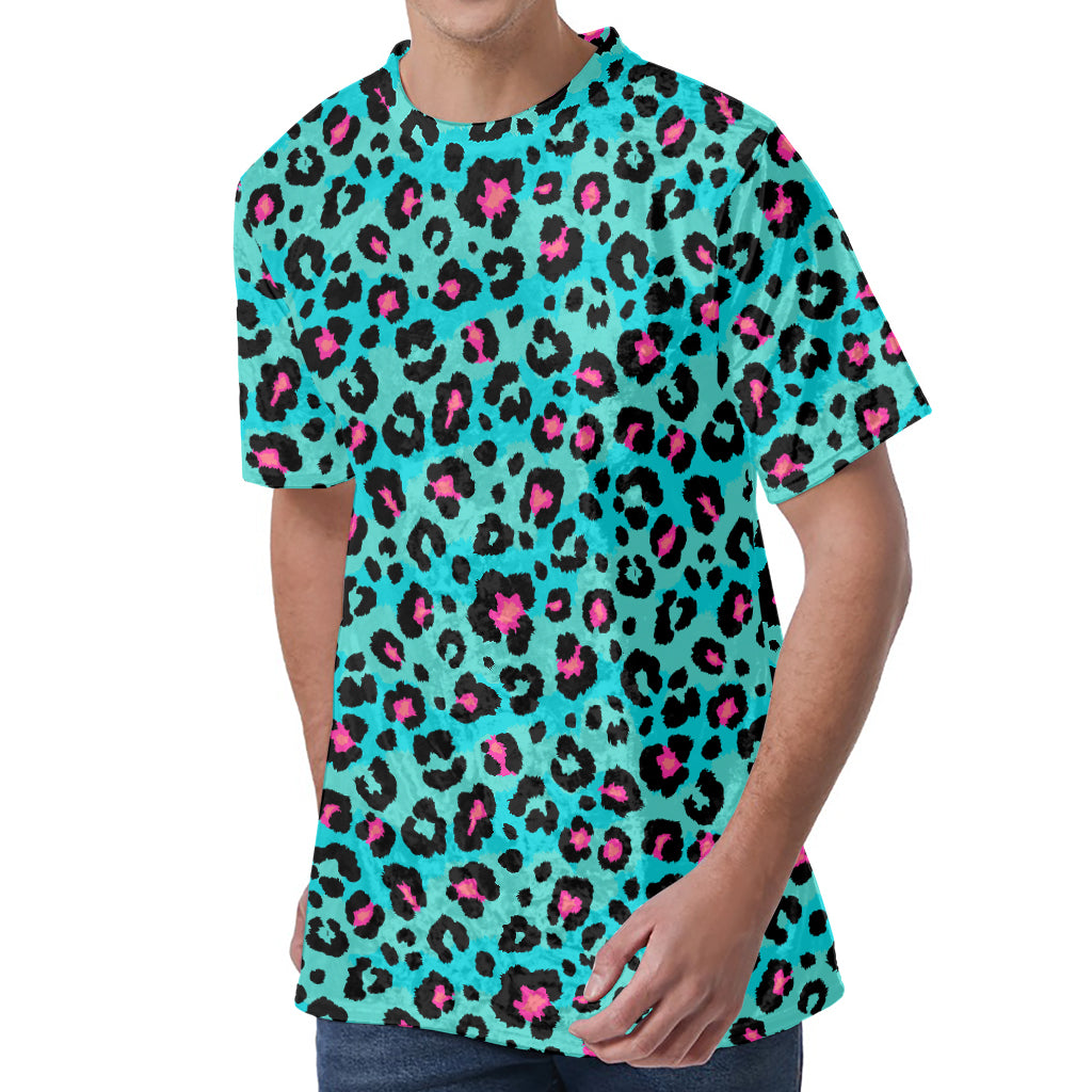 Turquoise And Pink Leopard Print Men's Velvet T-Shirt