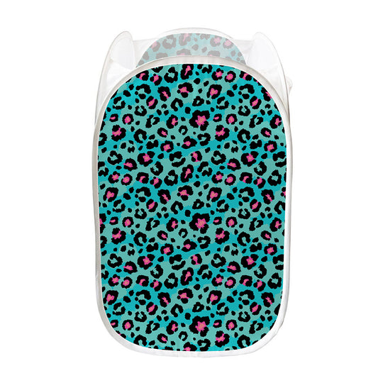 Turquoise And Pink Leopard Print Mesh Laundry Hamper