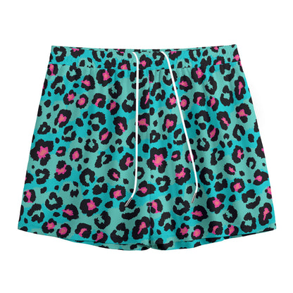 Turquoise And Pink Leopard Print Mesh Shorts
