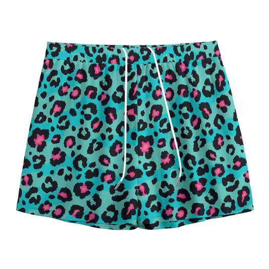 Turquoise And Pink Leopard Print Mesh Shorts