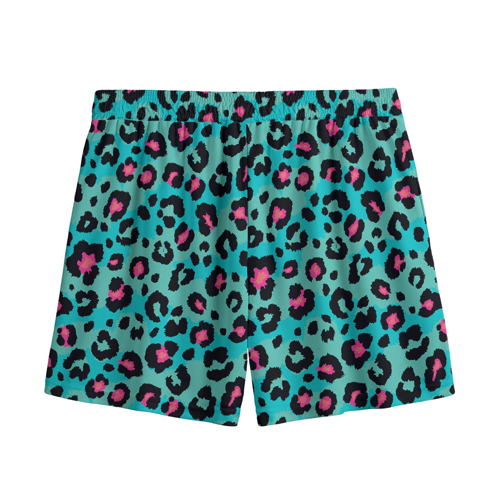 Turquoise And Pink Leopard Print Mesh Shorts