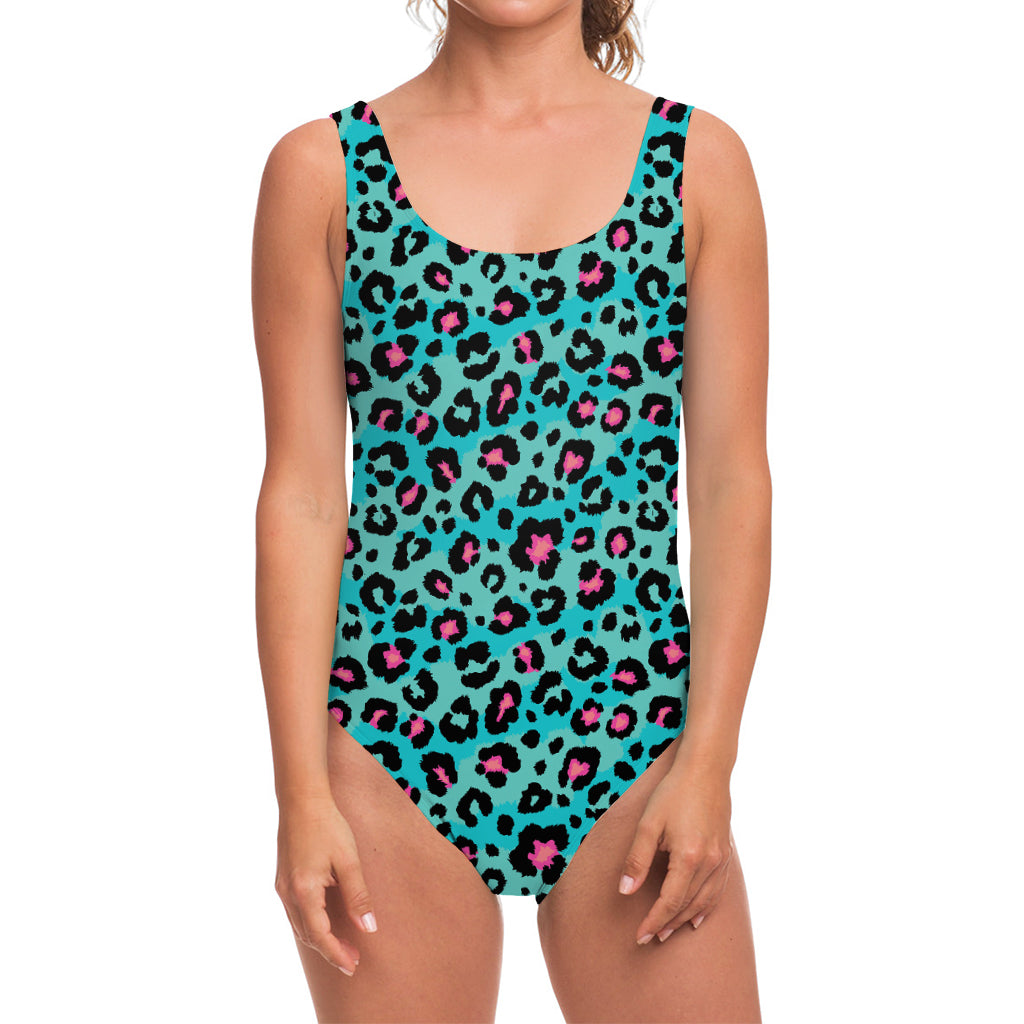 Turquoise And Pink Leopard Print One Piece Swimsuit