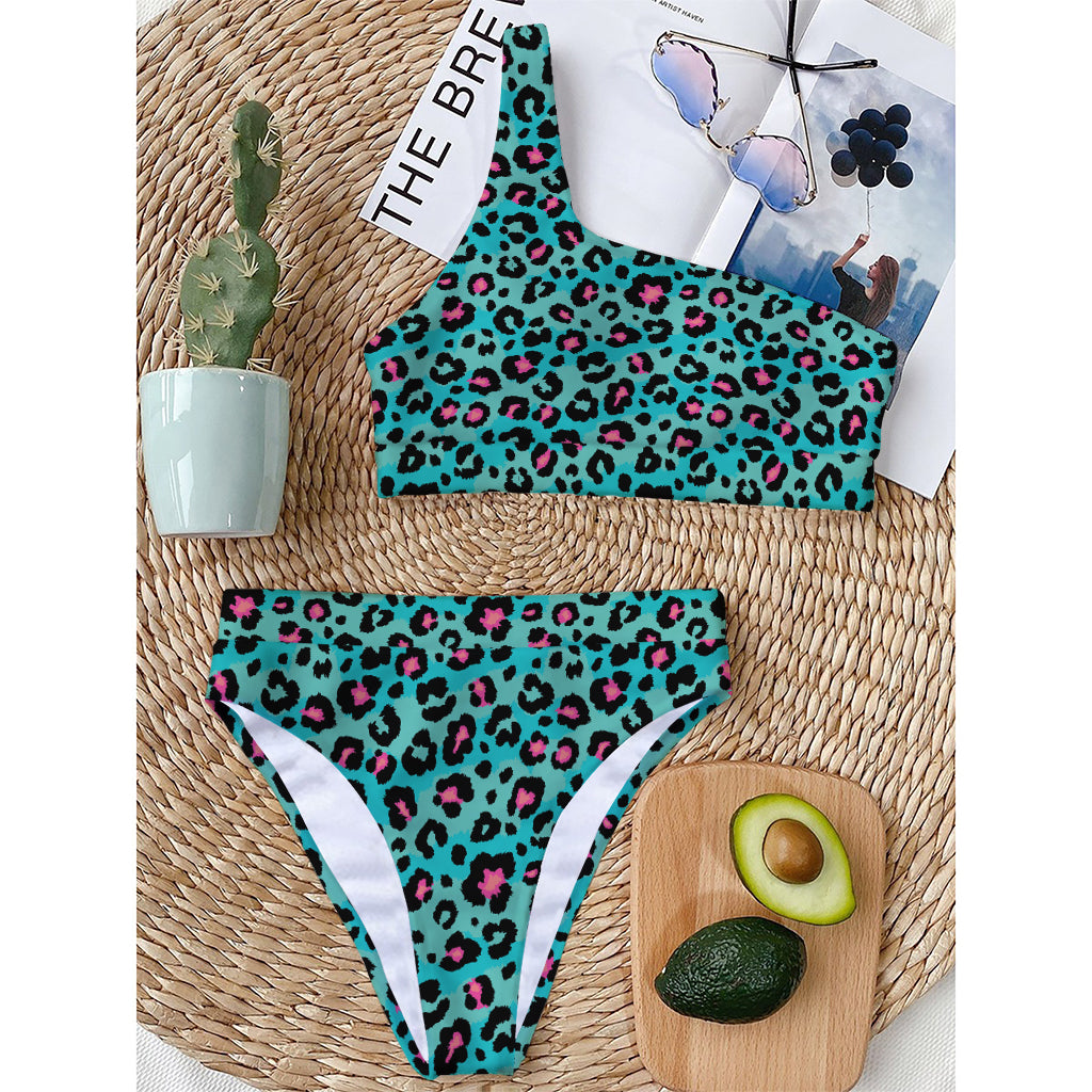 Turquoise And Pink Leopard Print One Shoulder Bikini Top