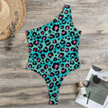 Turquoise And Pink Leopard Print One Shoulder Bodysuit