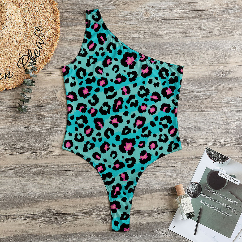 Turquoise And Pink Leopard Print One Shoulder Bodysuit