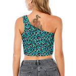 Turquoise And Pink Leopard Print One Shoulder Crop Top