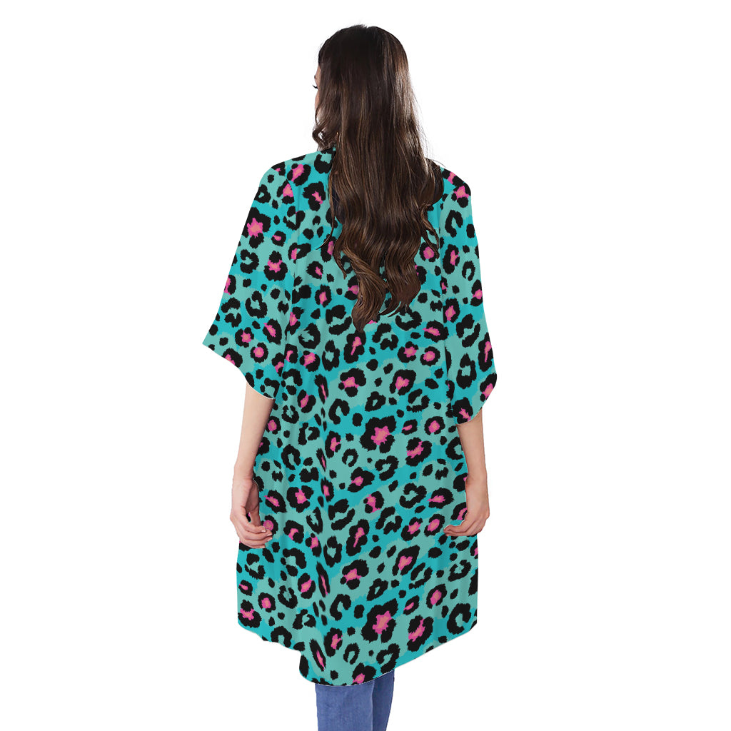 Turquoise And Pink Leopard Print Open Front Beach Cover Up