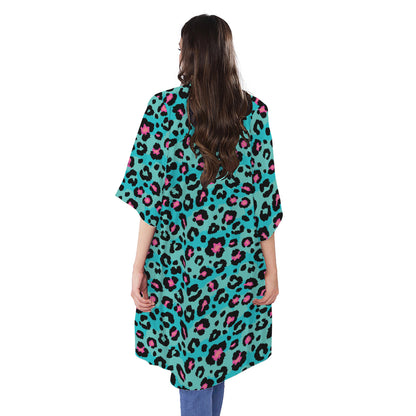 Turquoise And Pink Leopard Print Open Front Beach Cover Up