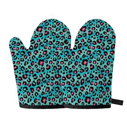 Turquoise And Pink Leopard Print Oven Mitts