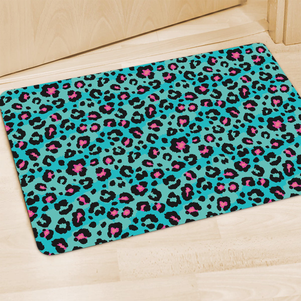 Turquoise And Pink Leopard Print Polyester Doormat