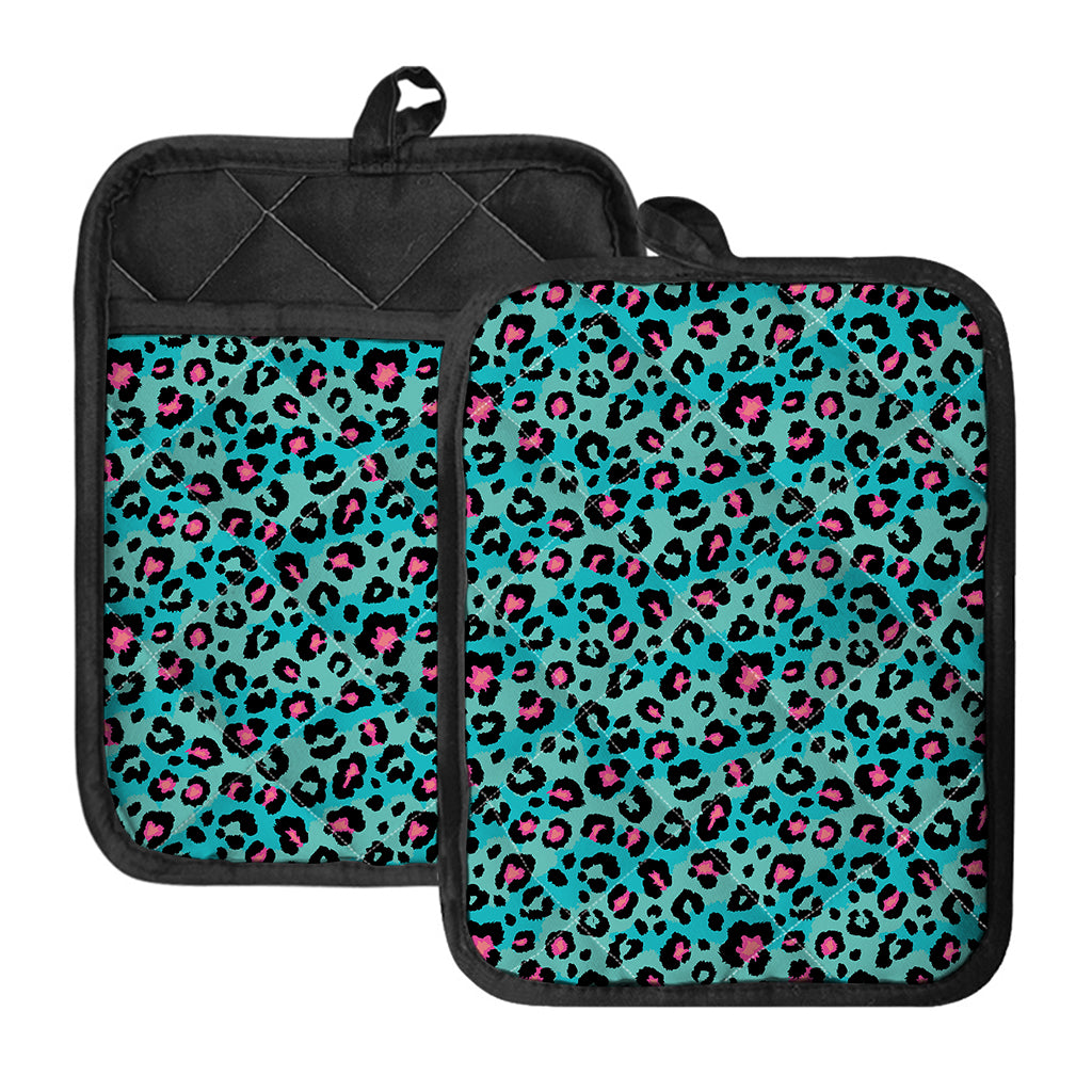 Turquoise And Pink Leopard Print Pot Holders With Pocket