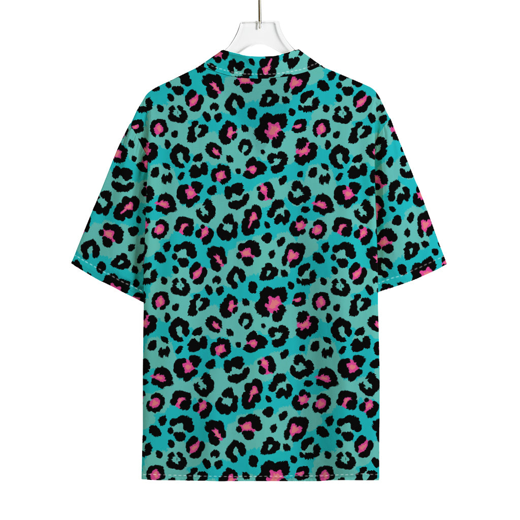 Turquoise And Pink Leopard Print Rayon Hawaiian Shirt