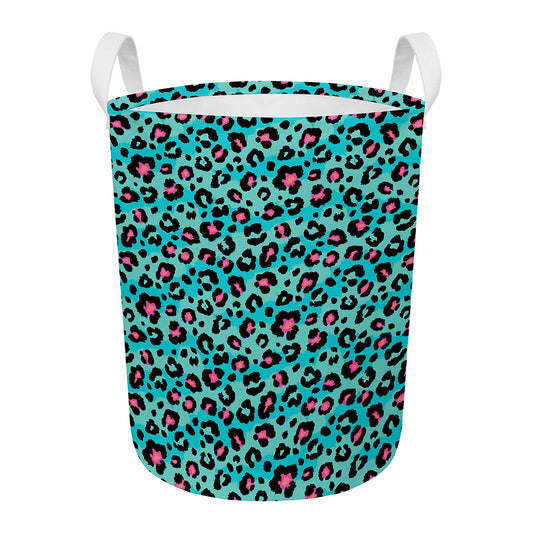 Turquoise And Pink Leopard Print Round Laundry Basket