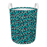 Turquoise And Pink Leopard Print Round Laundry Basket