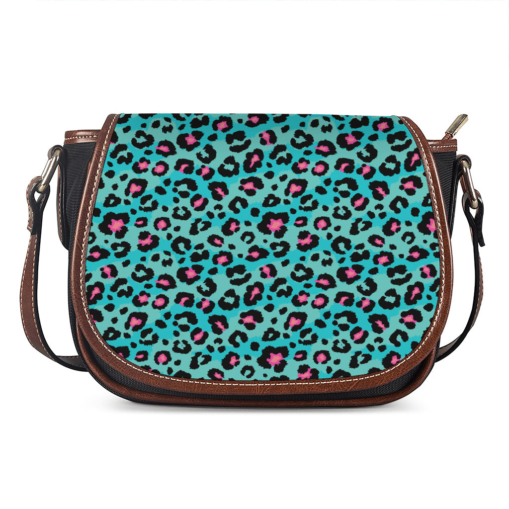 Turquoise And Pink Leopard Print Saddle Bag