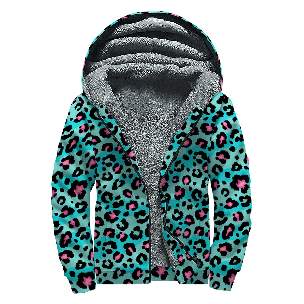 Turquoise And Pink Leopard Print Sherpa Lined Zip Up Hoodie