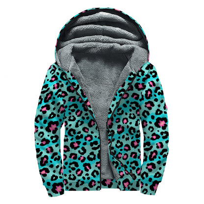Turquoise And Pink Leopard Print Sherpa Lined Zip Up Hoodie